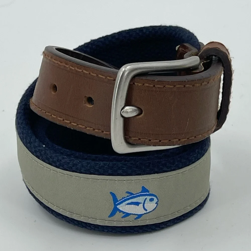 Southern Tide Boy’s 24 Skipjack‎ Fish Belt Canvas & Leather Silver & Navy Blue